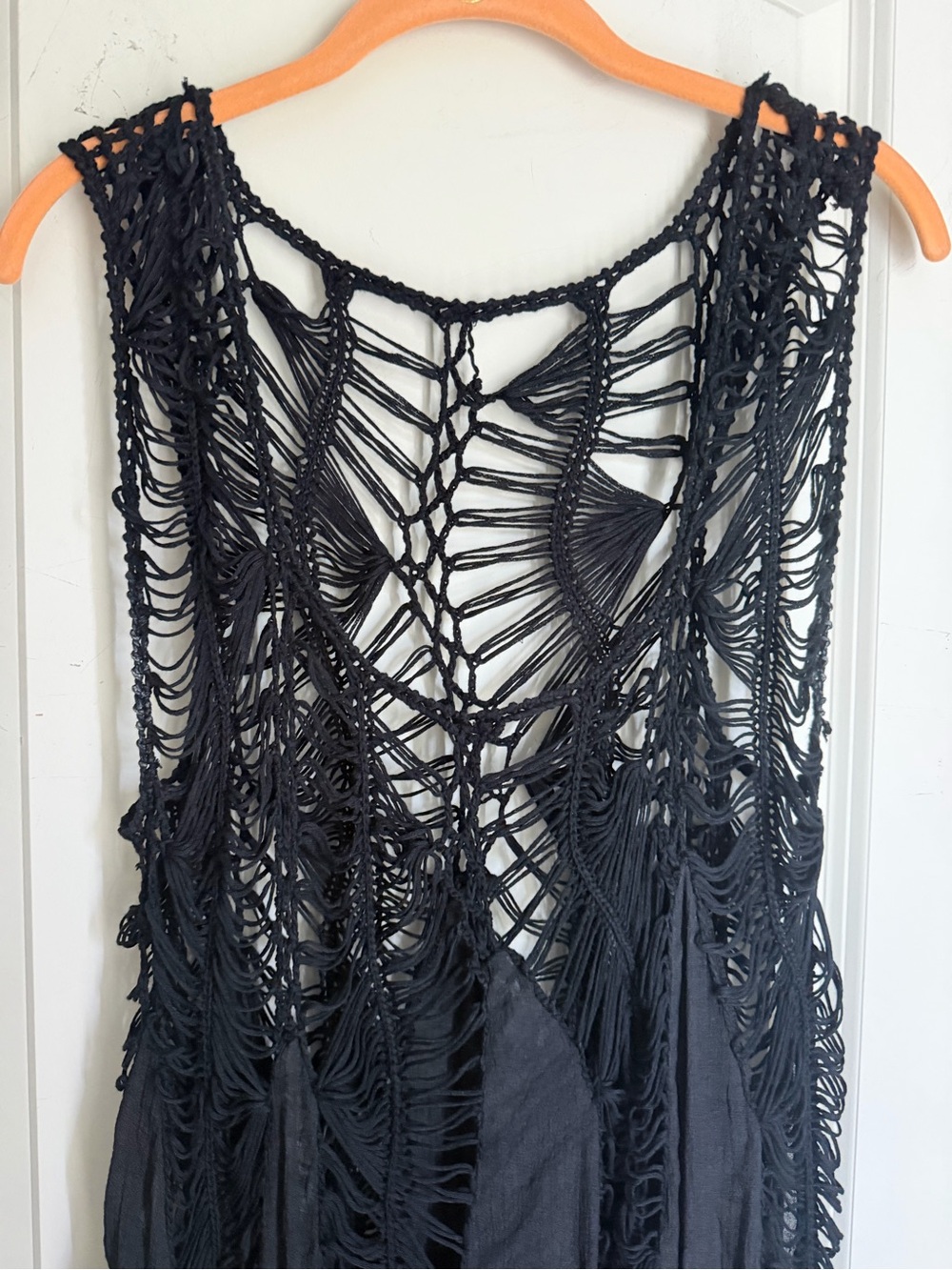 Black Boho Macramé Fringe Maxi Dress cover up whimsigoth one size grunge - Picture 4 of 6
